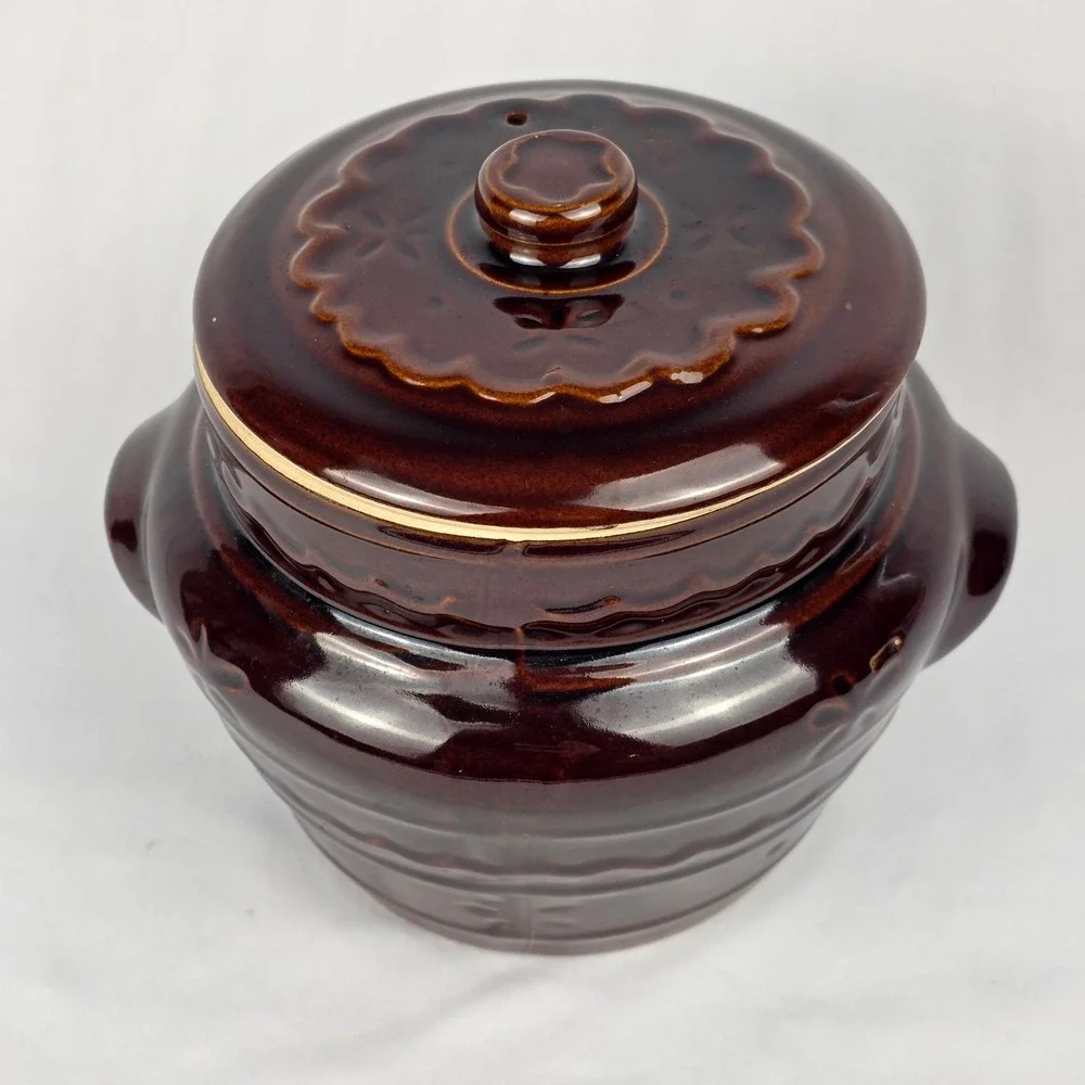 MAR CREST Vtg Crock Pot Oven‎ Proof Stoneware with Lid Brown 2 Handles Bean Pot